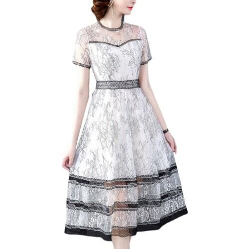 Summer Lace Dresses 2021 New Thin High Quality Temperament Patchwork Print Short Sleeve Dresses Fashion Elegant Long Dresses