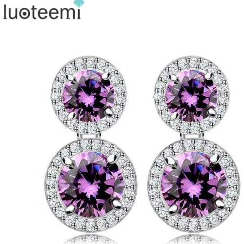 LUOTEEMI Two Big High Quality Round AAA Zircon Stone with Tiny Zircon Around Drop Earrings for Women White Gold-Color Wholesale