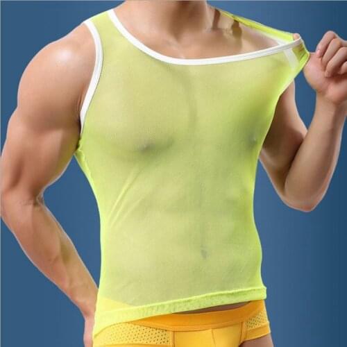 Hot sell vest mens mesh square neck tight-fitting Korean elastic base fashion sexy tops transparent vest male