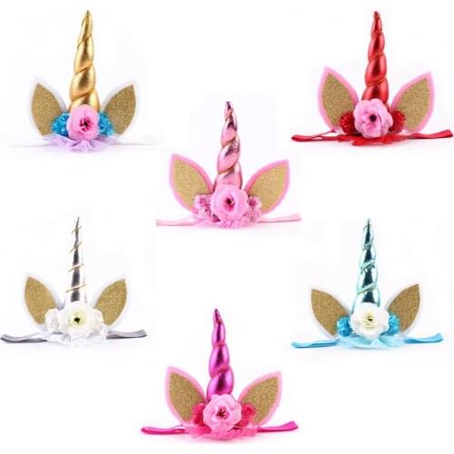 New 2017 20PC girl Unicorn Headbands with Pony Ear and Rose Flower Animal Unicorn Party Stretch Headband for Girls Gift