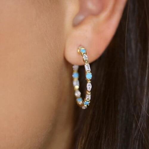 Simple Classic Gold stone Hoop earring For women trendy jewelry white blue color cz stone fashion jewelry