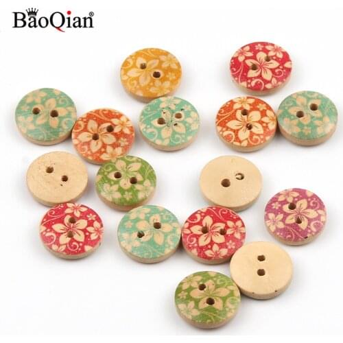 50Pcs 15mm Wood Mixed Bauhinia Painted Round Wooden Sewing Buttons For Crafts Clothing Decoration Accessories Scrapbooking DIY