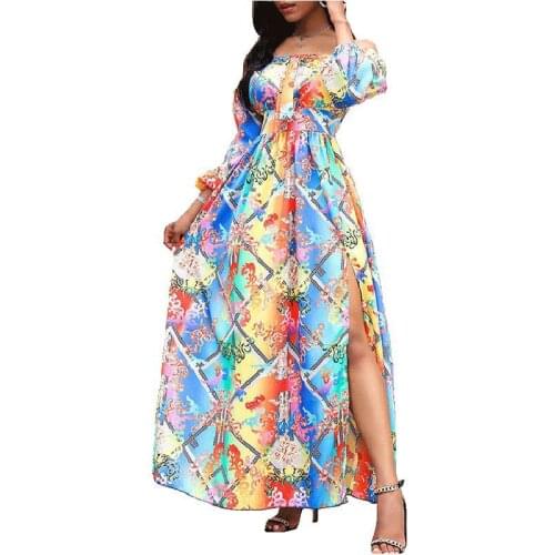 Slash Neck Pullover Retro Long-Sleeved Spring and Autumn Womens Dress 2021 New Fashion Slit Print Womens Dresses NBH84