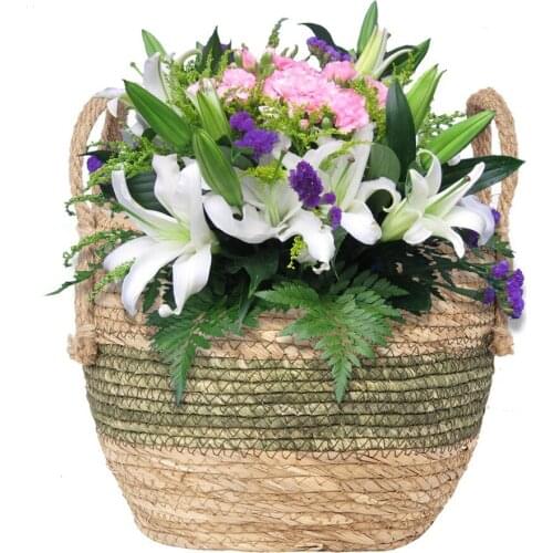 Garden Planter Basket Flower Pot Straw Flowerpot Rattan Weave Stylish Plastic Lining Woven Seaweed Baskets With Handle Storage
