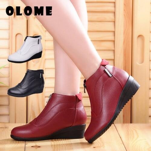 Winter Boots Women Snow Boots Wedge Heels Winter warm fur plush Shoes Women Warm Fur Casual Shoes Zip Womens leather shoes