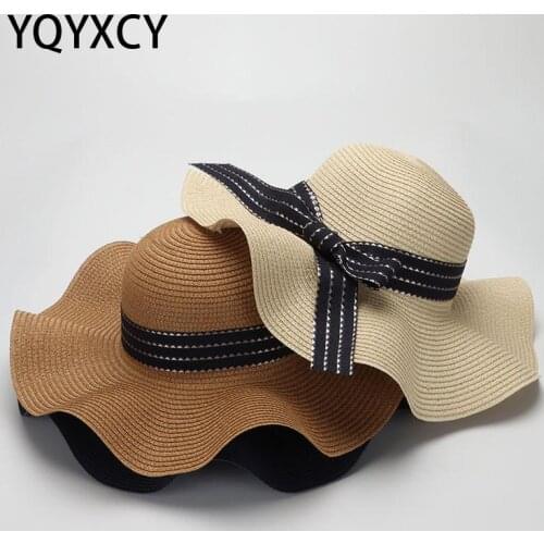 YQYXCY Sun Hat Summer Women Travel Beach Wide Brim Stripe Bow Outdoor Straw Floppy Hat Female Sunshade Suncreen Sunhat Gorro New