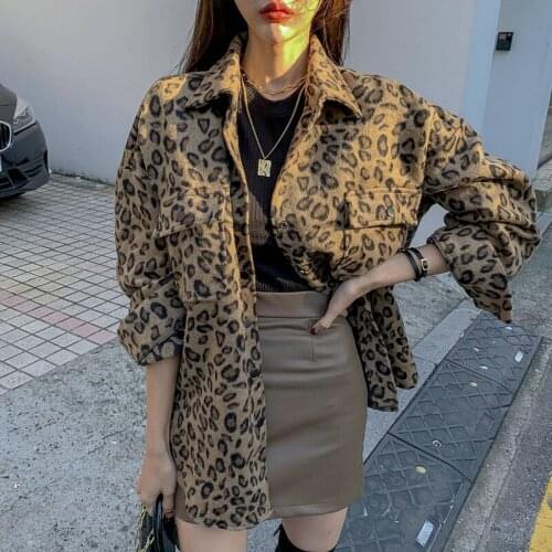 VOOCIEC spring Vintage Leopard Jacket Plus Size Casual Leopard Female Coat Winter Tops For Woman Clothes Elegant Wool Outwear