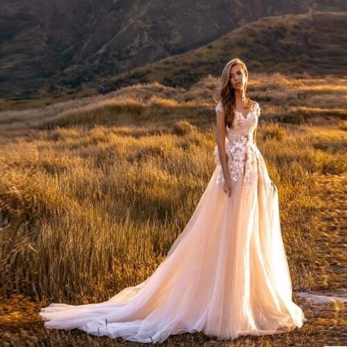 Custom Made V-neck Tulle Appliques Flower Ribbons Cap Sleeves Backless Wedding Dresses robe de mariage Wedding Gowns