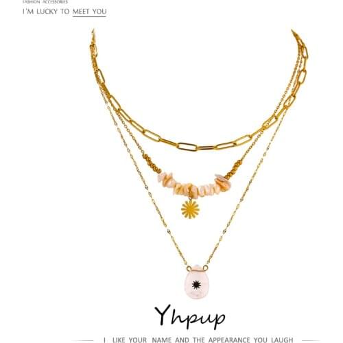 Yhpup Stainless Steel High Quality 18 K Layered Necklace Bohemian Natural Pearl Stone Handmade Statement Gold Necklace Jewelry
