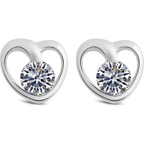 100% 925 Sterling Silver Heart Design Shiny Crystal Stud Earrings for Women Jewelry Wedding Gift Wholesale Drop Shipping