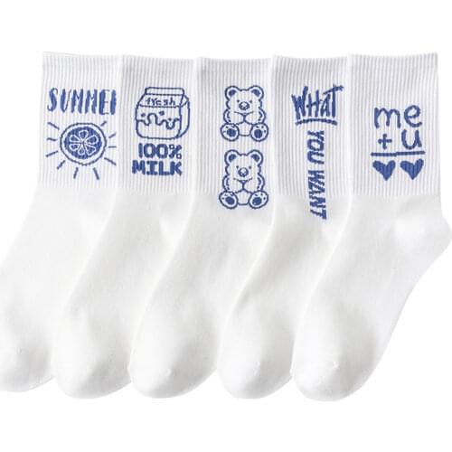 Women Letter Vintage Patterned Harajuku Socks Fashion Funny Skateboard Cool Socks Female Casual Cotton Short Hipster Sox White