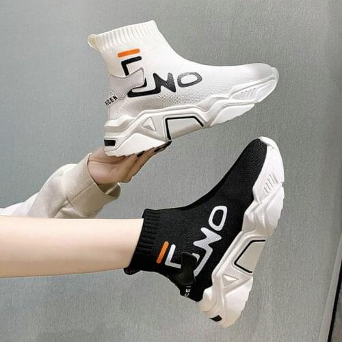 New Trendy Shoes Woman High Top Sneakers Women Platform Shoes Ankle Boots Black White Femme Chunky Sock Shoes A62-98 JY