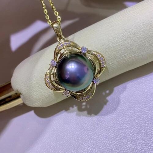 Top 11-12mm Natural-Ocean Tahiti Malachite Green Round Shiny Pearls Adequate Weight 18k Gold Clasp Silver Chain Female Pendant