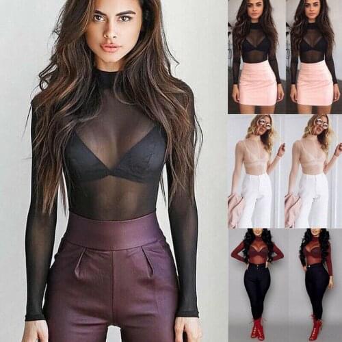 Women Mesh Fish Net Slim Bodysuit Leotard Top Long Sleeve Tops Playsuit Jumpsuit