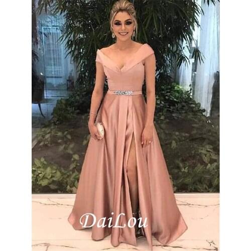 A-Line Elegant Prom Formal Evening Valentines Day Dress Off Shoulder Short Sleeve Sweep/Brush Train Satin with Split Front 2021