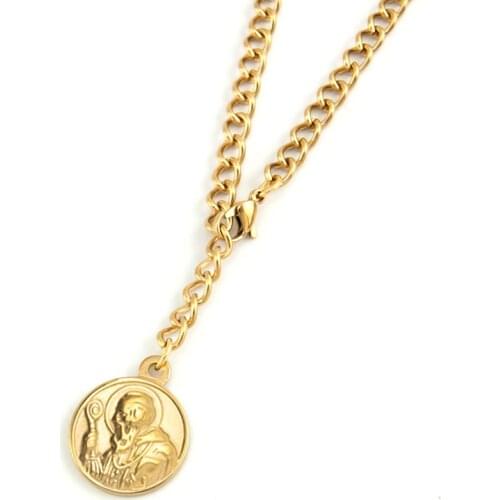 Saint Benedict Medal San Benito Virgen Mary WOMEN Long Lasso CHOKER Twist Rolo NECKLACE GOLD COLOR Stainless steel collares