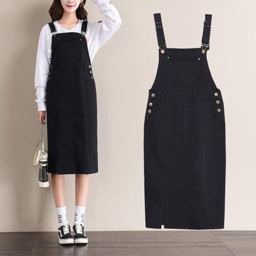 2021 New Fashion Slim Denim Dresses Black Spring Autumn Women Large Size Sling Spaghetti Dress Big Pocket Casual Overalls 5XL