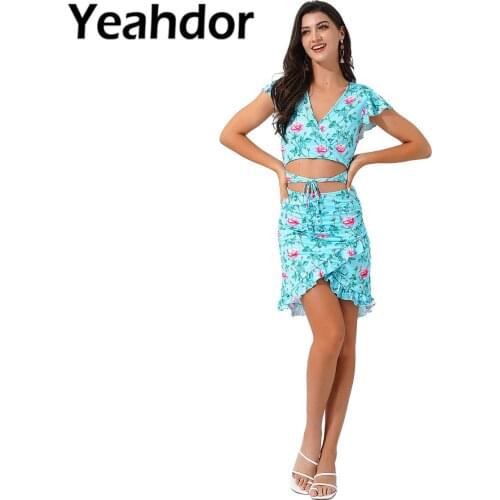 Dresses Women Sexy Summer Floral Print Dress Deep V Neck Sleeveless Hollow Waist Above Knee Length Irregular Hem A-line Dress