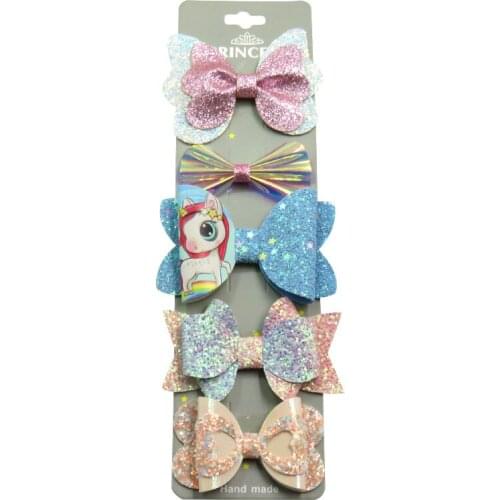 5PCS/SET Lovely Blue Unicorn Baby Girls Clip Leather Bows Child Tie Knot Creativity Handmade Hairpins Hair Accessories For Kids