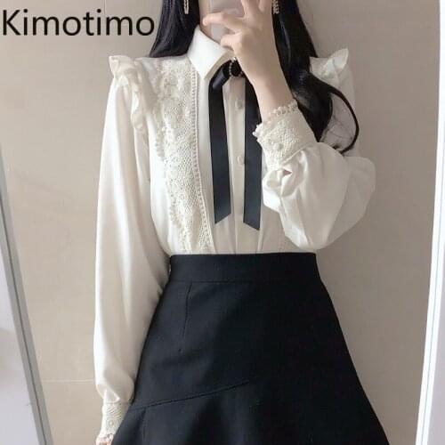 Kimotimo Bow Lace White Shirts Sweet Princess 2021 Spring French Design Palace Ladies Tops All-match Casual College Style