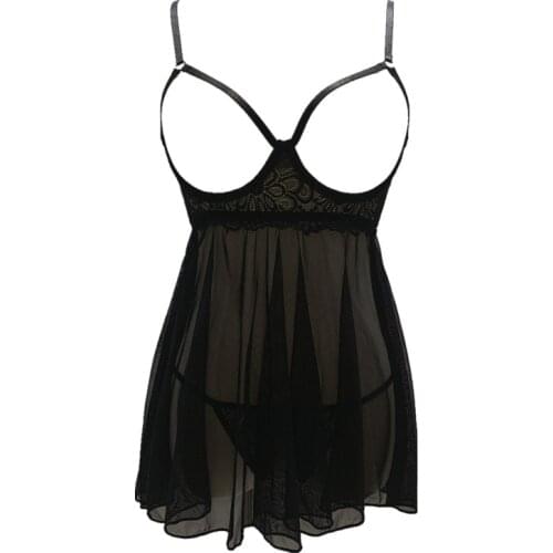 Black Sexy Transparent Tulle Suspender Short Skirt Sexy Lingerie with Steel Ring Hollow Pajamas Nightdress Open File Pants Suit