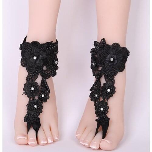 Black Barefoot Sandals Beach Pool Wear Toe Ring Anklet Nudeshoes Foot jewelry Victorian Lace Yoga Shoes Bridal Anklet Pearls