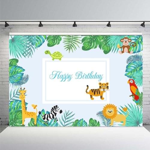 MEHOFOTO Happy Birthday Backdrop with Jungle Animals Cartoon Style Party Decoration Photography Studio Funds 7X5FT Vinyl Ploy