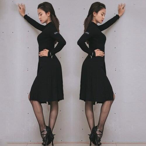 Elegant Latin Dance Dress Female Black Long-Sleeved Slim Dress Ballroom Dance Practice Wear WomenS Training Clothing DWY3862
