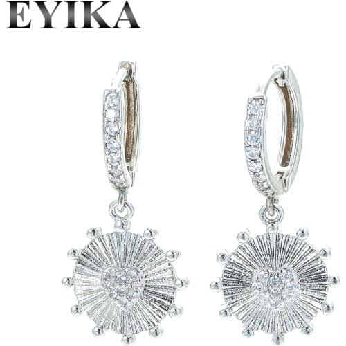EYIKA Vintage Round Heart Zircon Pendant Hoop Earrings for Women Silver Color Unique Design Fashion Jewelry Accessories Gift