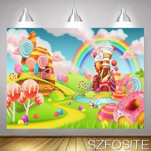Rainbow Candy House Cartoon Backdrop Girl Birthday Party Decoration Kids Baby Newborn Custom Background Photography Studio Photo