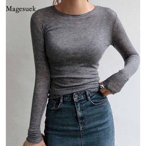 High Quality Cotton Slim Elastic Women T-Shirt Tops Long Sleeve Solid Female T-Shirt Casual See Through Sexy Tee Shirts New 6006