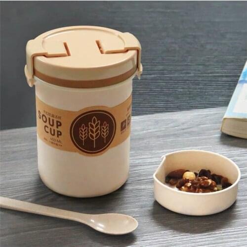 600ml Wheat Straw Sealed Soup Cup Plastic Leak-Proof Lunch Box with Buckle Creative Japanese Style Mini Microwave Bento Box