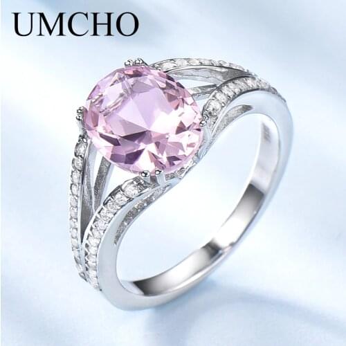 UMCHO Real 925 Sterling Silver Jewelry Created Oval Pink Tourmaline Rings Wedding Band Cocktail Rings For Women Fine Jewelry