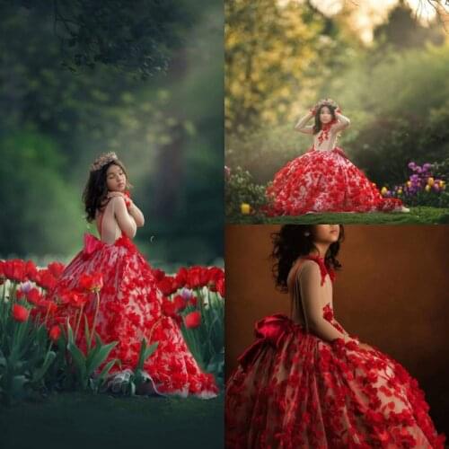 Red Illusion Flower Girl Dresses Custom Made Long Sleeve 3D Floral Appliques Girls Communion Dress