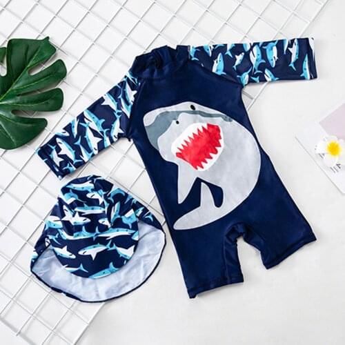Cartoon Shark Printed Boys Swimwear Toddler Kids Summer Swimsuit Long Sleeve Jumpsuit Hat Two-piece Sets Children Swimming Suit