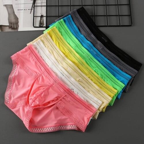 Lace Side Mens Sexy Ice Silk Underwear Briefs Men Ultra Thin Transparent Comfortable Panties Low Rise Male Mini Underpant Bikini