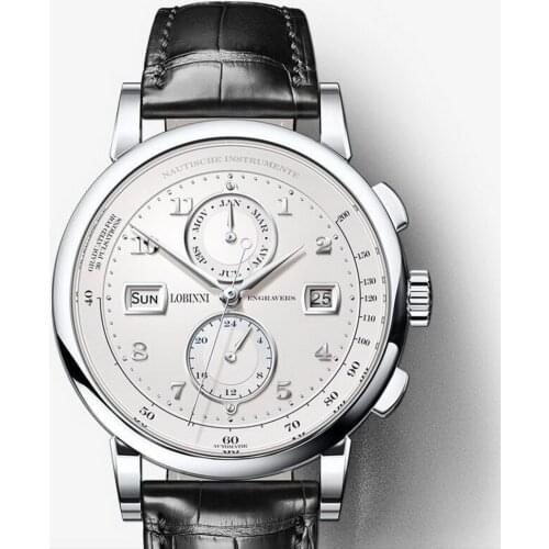 LOBINNI Men Vogue Dress 50M Waterproof Business Automatic Mechanical Wrist Watch With Month Week Date 24 Hour Format - Silver