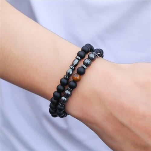Black Matte Stone & Hematite Stone Beaded Bracelet Sets For Men Or Women Elastic Stone Bracelet Jewelry Pulseira hombres