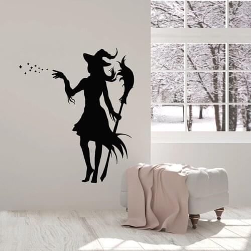 Wall Decal Magic Witch With Broom Fairy Tale Magical Girls Vinyl Window Sticker Home Decor for Kids Bedroom Nursery Mural M634
