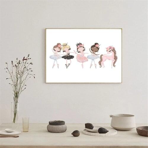 Pink Flower Unicorn Nursery Print Painting Ballet Girl Dancing Wall Art Canvas Poster Nordic Wall Pictures Baby Kids Room Decor