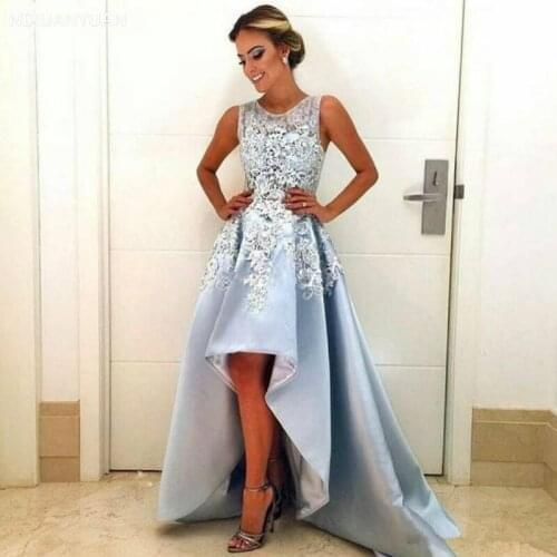 Cheap High Low Prom Dresses Light Sky Blue 2021 Custom Made Lace Sleeveless A-Line Satin Special Occasion Dress Evening Gown