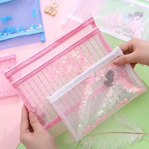New 1PC Kawaii 2 Layers A5 B6 Bling Bling File Folder Desk Document Paper Organizer Pencil Storage Bag Stationery