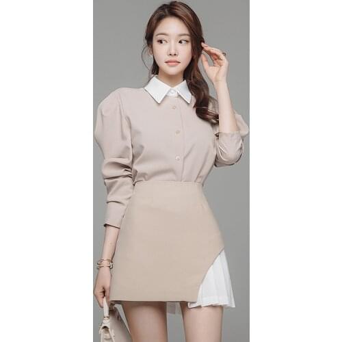 Single Breasted Puff Sleeve Blouse + High Waist Pleated Skirts Set Two Piece Set Elegant Korean Patchwork Outfits Office C621
