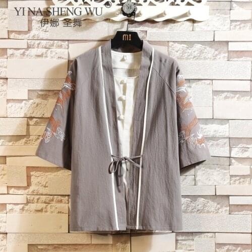Summer M-5XL Japanese Style Streetwear Kimono Shirt Men Chinese Dragon Embroiderd 3/4 Sleeve Collarless Shirts Office Wear Coats