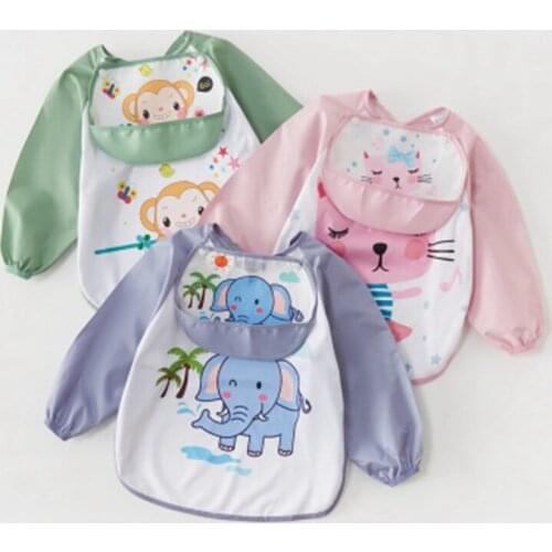 Baby Kids Toddler Long Sleeve Scarf Waterproof Art Smock Feeding Bib Apron Pocket Infant Boys Girls Burp Cloth Cartoon Bibs