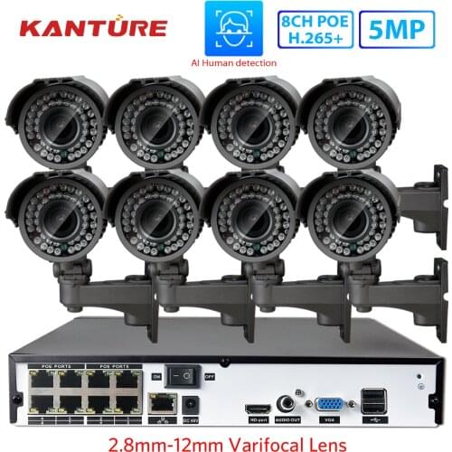 KANTURE H.265+ 8CH 5MP POE NVR System 5MP 2.8-12mm Zoom waterproof POE IP camera CCTV Video Surveillance kit 5MP AI Face Record