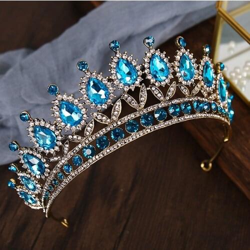 Baroque Bridal Hair Accessories Sky Blue Crystal Vintage Diadem Teardrop Diamante Queen Tiara And Crown For Women Wedding Party