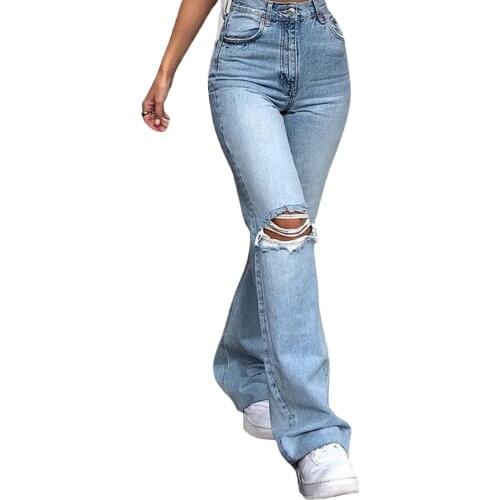 Women Ripped Jeans, Adults High Waist Flare Trousers Close-Fitting Pants for Spring Fall, S/M/L/XL/XXL New Fashion 2021