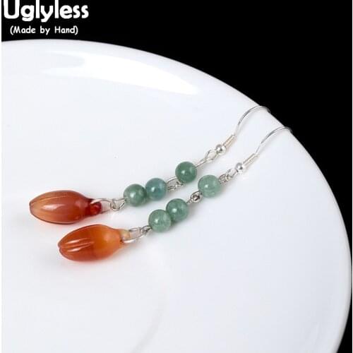 Uglyless 100% Real 925 Sterling Silver Beads Summer Dress Earrings for Women Ethnic Magnolia Jade Floral Earrings Emerald Brinco