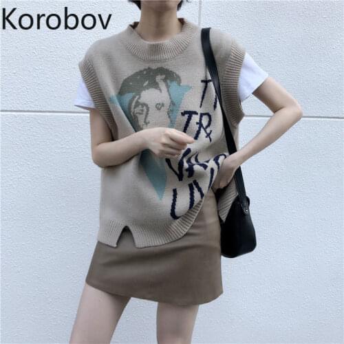 Korobov Vintage Knitted Cartoon Embroidery Women Vest Sweaters Korean Streetwear O Neck Sleeveless Pullovers Autumn Outwear Tops